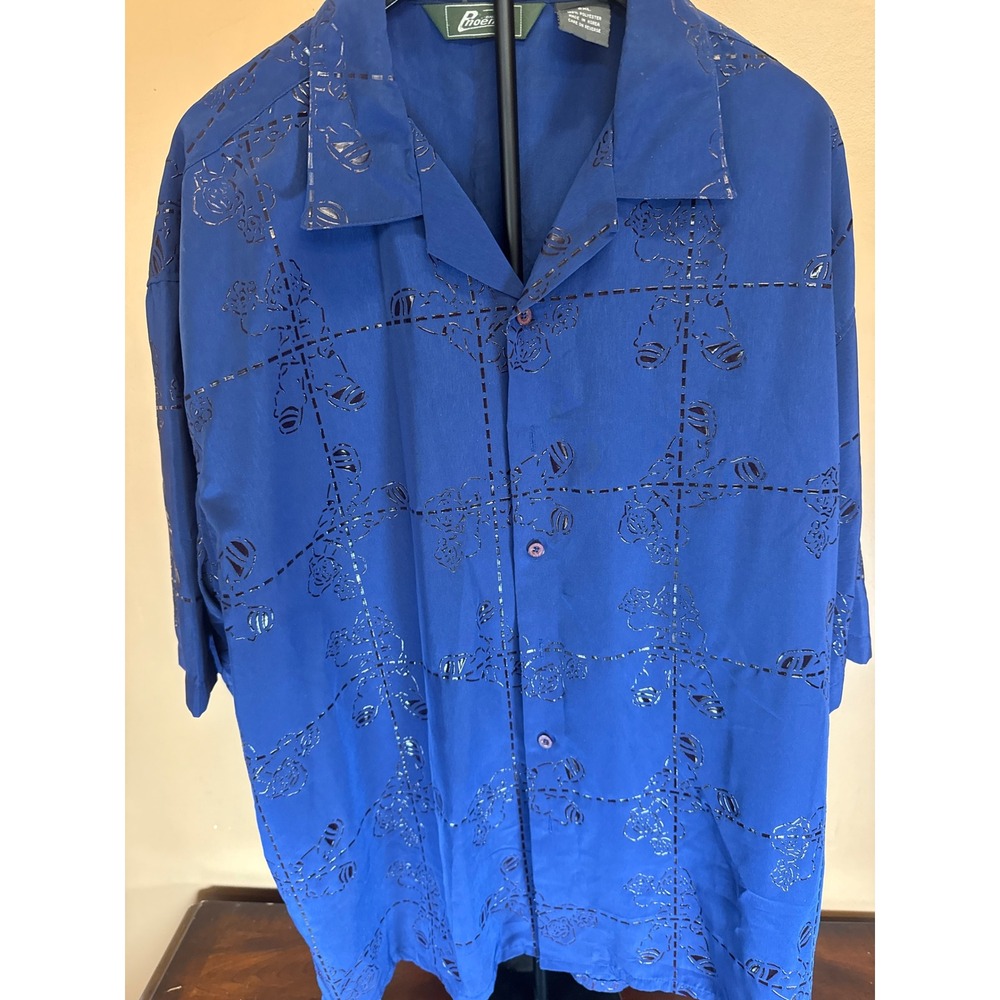Phoenix Mens 2XL Royal Blue Cutout Laser Cut Short Sleeve Camp Shirt‎ Button Up